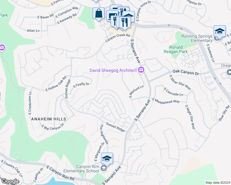 map of restaurants, bars, coffee shops, grocery stores, and more near 7879 East Viewrim Drive in Anaheim