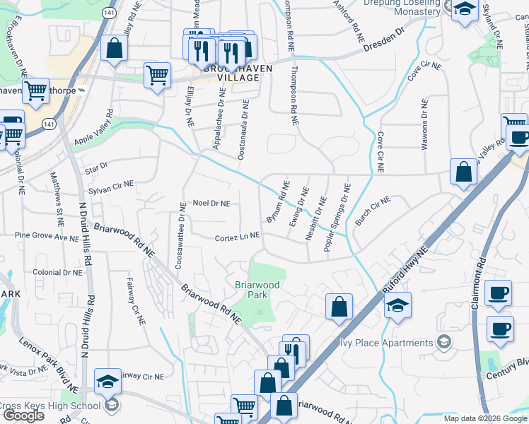 map of restaurants, bars, coffee shops, grocery stores, and more near 2336 Drew Valley Road Northeast in Atlanta