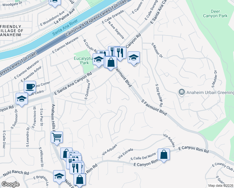 map of restaurants, bars, coffee shops, grocery stores, and more near 6290 East Rio Grande Drive in Anaheim