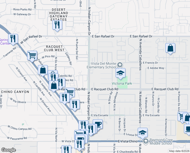 map of restaurants, bars, coffee shops, grocery stores, and more near 307 East Desert Willow Circle in Palm Springs