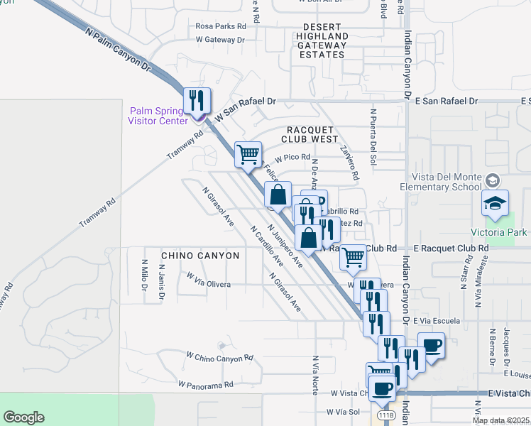 map of restaurants, bars, coffee shops, grocery stores, and more near 2655 North Junipero Avenue in Palm Springs