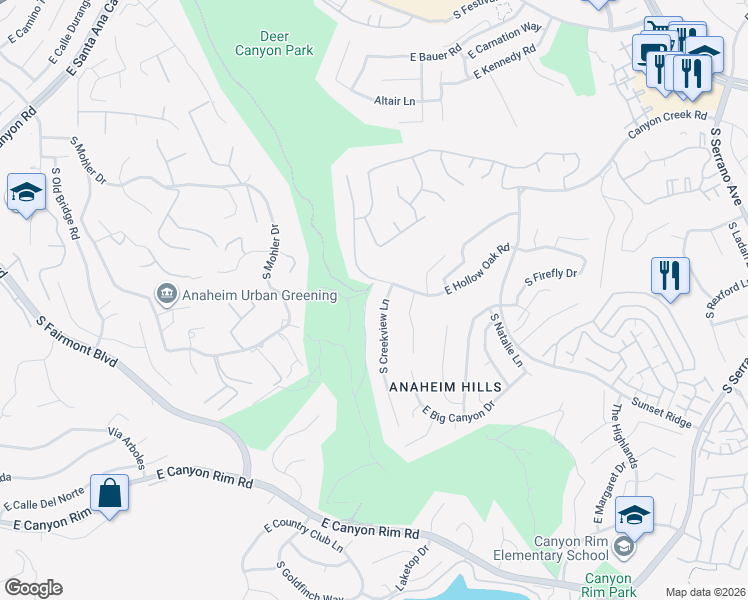 map of restaurants, bars, coffee shops, grocery stores, and more near 928 South Creekview Lane in Anaheim