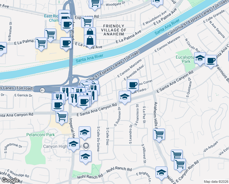 map of restaurants, bars, coffee shops, grocery stores, and more near 190 North Rose Blossom Lane in Anaheim