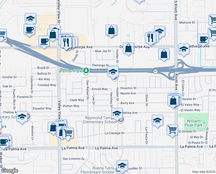 map of restaurants, bars, coffee shops, grocery stores, and more near 6396 Arnold Way in Buena Park