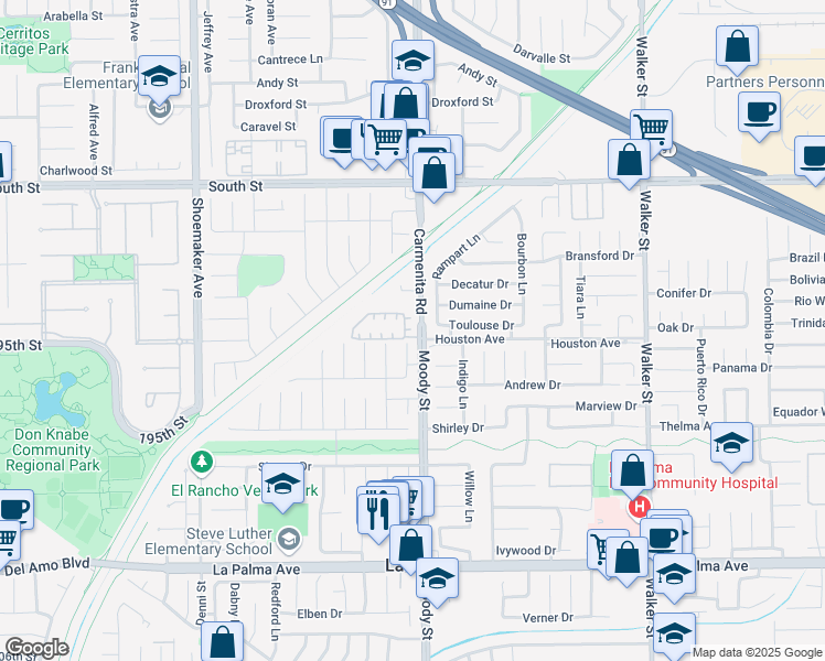 map of restaurants, bars, coffee shops, grocery stores, and more near 7501 Silverado Lane in La Palma