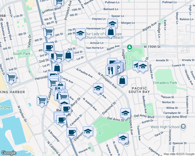 map of restaurants, bars, coffee shops, grocery stores, and more near 631 North Paulina Avenue in Redondo Beach