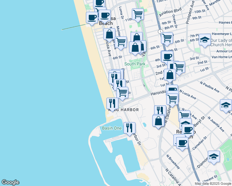 map of restaurants, bars, coffee shops, grocery stores, and more near 16 Hermosa Avenue in Hermosa Beach
