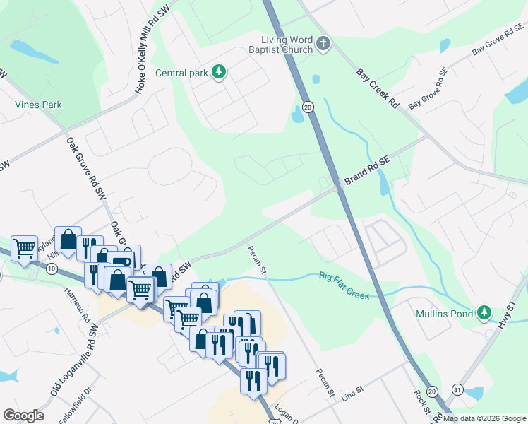 map of restaurants, bars, coffee shops, grocery stores, and more near 395 Brand Road Southwest in Loganville