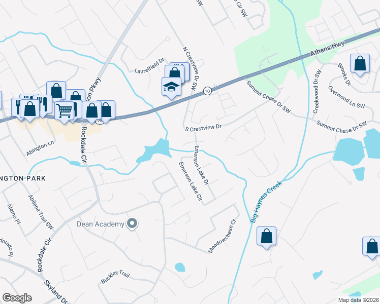 map of restaurants, bars, coffee shops, grocery stores, and more near 1717 Emerson Lake Circle in Snellville