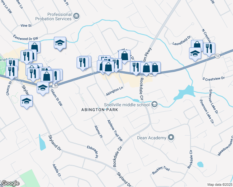map of restaurants, bars, coffee shops, grocery stores, and more near 2050 Abington Lane in Snellville