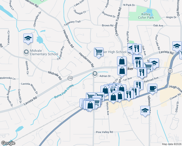 map of restaurants, bars, coffee shops, grocery stores, and more near 2348 Brockett Road in Tucker