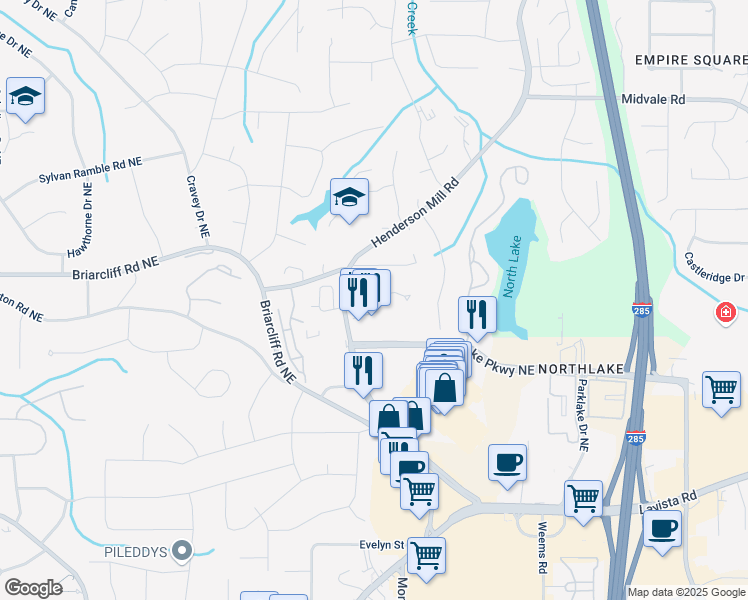 map of restaurants, bars, coffee shops, grocery stores, and more near 2351 Henderson Mill Road in Atlanta