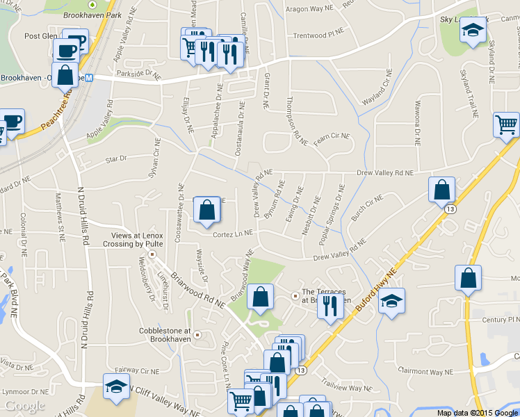 map of restaurants, bars, coffee shops, grocery stores, and more near 2336 Drew Valley Road Northeast in Atlanta