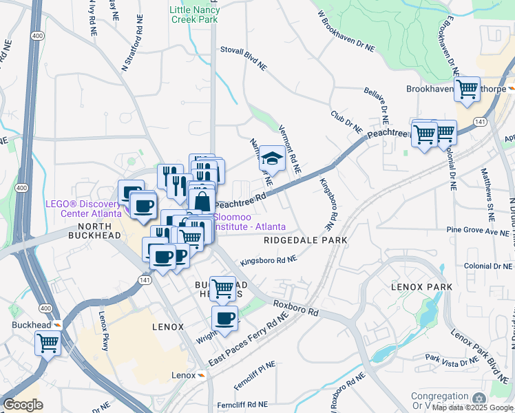 map of restaurants, bars, coffee shops, grocery stores, and more near 3663 Peachtree Road Northeast in Atlanta