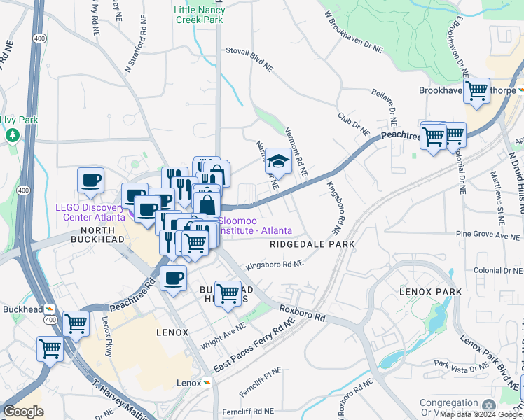 map of restaurants, bars, coffee shops, grocery stores, and more near 3663 Peachtree Road Northeast in Atlanta