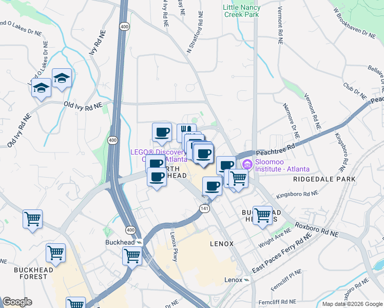 map of restaurants, bars, coffee shops, grocery stores, and more near 3500 Peachtree Road Northeast in Atlanta