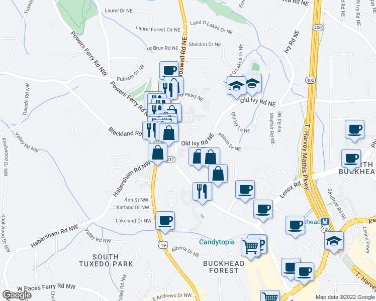 map of restaurants, bars, coffee shops, grocery stores, and more near 105 Old Ivy Road Northeast in Atlanta