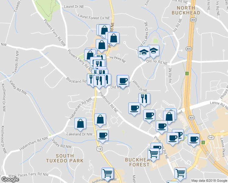 map of restaurants, bars, coffee shops, grocery stores, and more near 3655 Habersham Road Northeast in Atlanta