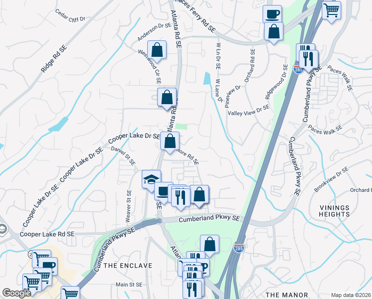 map of restaurants, bars, coffee shops, grocery stores, and more near 2188 Vinings North Lane Southeast in Smyrna