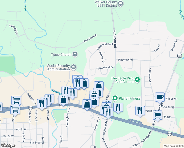 map of restaurants, bars, coffee shops, grocery stores, and more near 409 Woodland Drive in Jasper