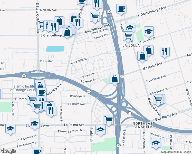 map of restaurants, bars, coffee shops, grocery stores, and more near 2553 East Terrace Street in Anaheim
