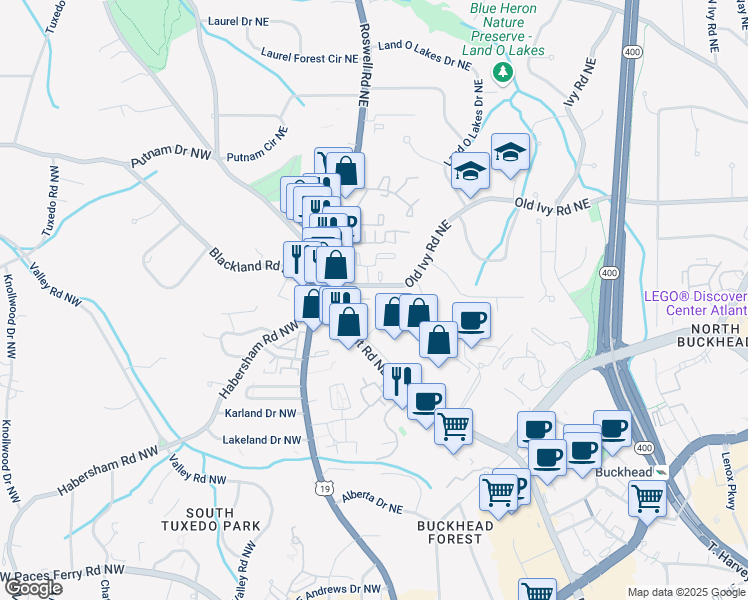 map of restaurants, bars, coffee shops, grocery stores, and more near 3655 Habersham Road Northeast in Atlanta