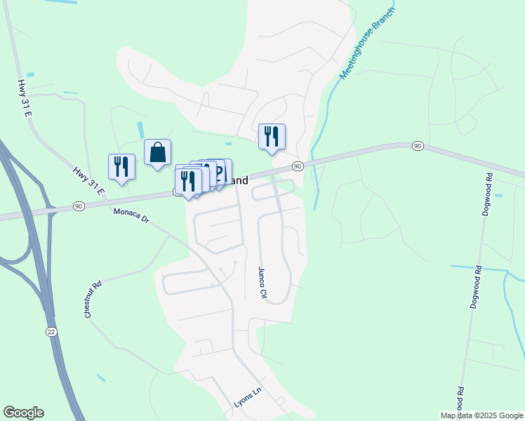 map of restaurants, bars, coffee shops, grocery stores, and more near 109 Junco Circle in Longs