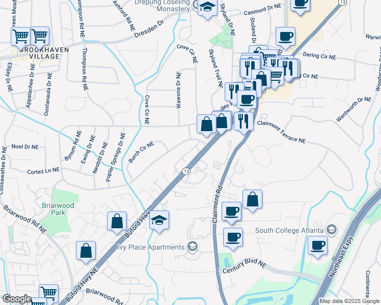 map of restaurants, bars, coffee shops, grocery stores, and more near 3704 Buford Highway Northeast in Atlanta