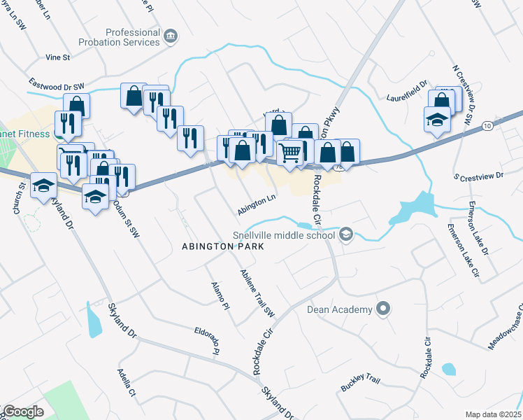 map of restaurants, bars, coffee shops, grocery stores, and more near 2050 Abington Lane in Snellville