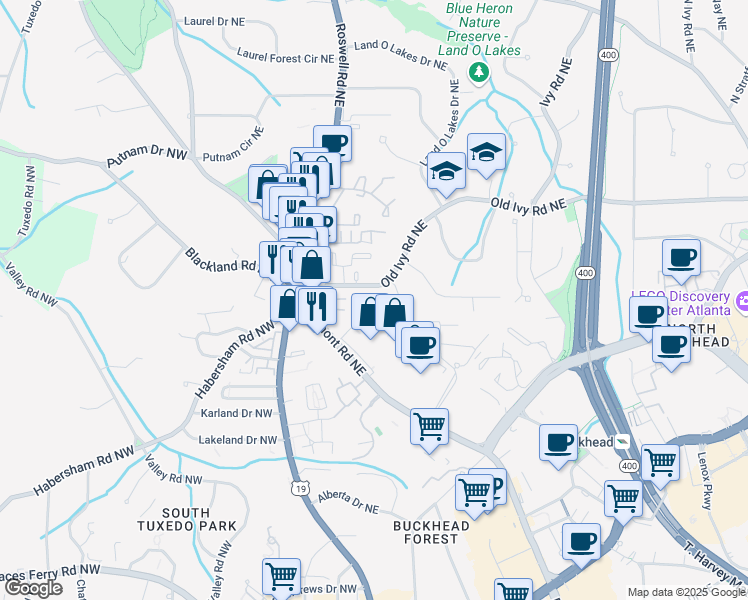 map of restaurants, bars, coffee shops, grocery stores, and more near 3575 Piedmont Road Northeast in Atlanta