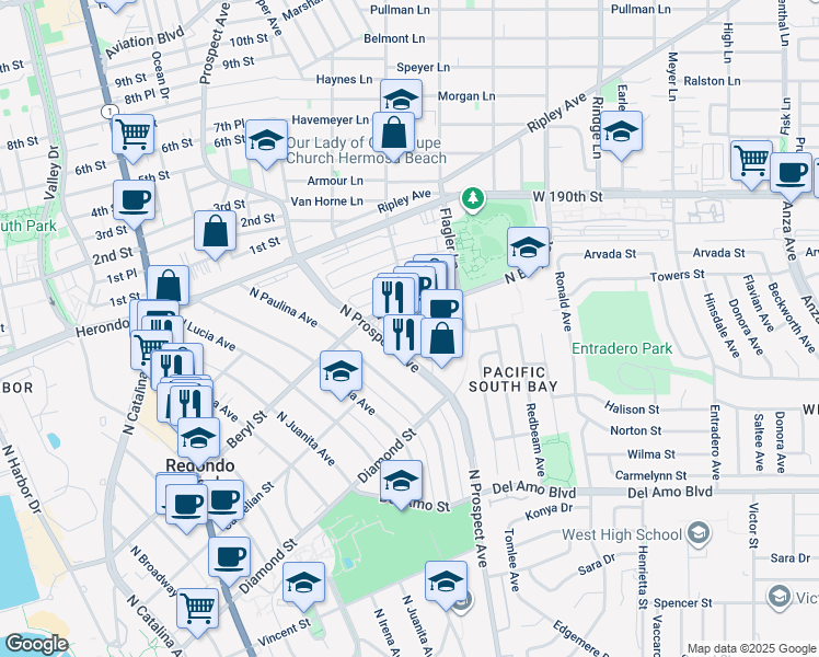 map of restaurants, bars, coffee shops, grocery stores, and more near 520 North Prospect Avenue in Redondo Beach