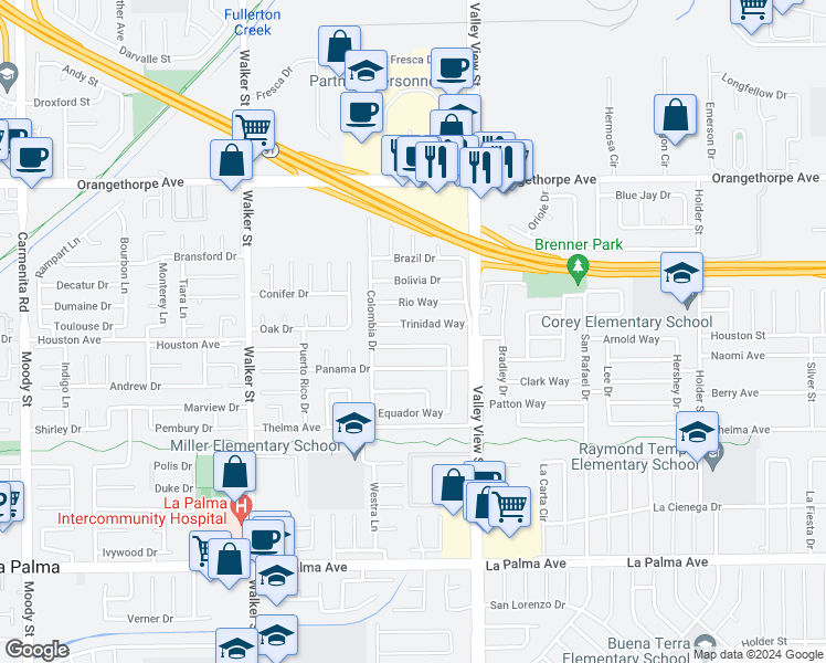 map of restaurants, bars, coffee shops, grocery stores, and more near 5836 Trinidad Way in Buena Park