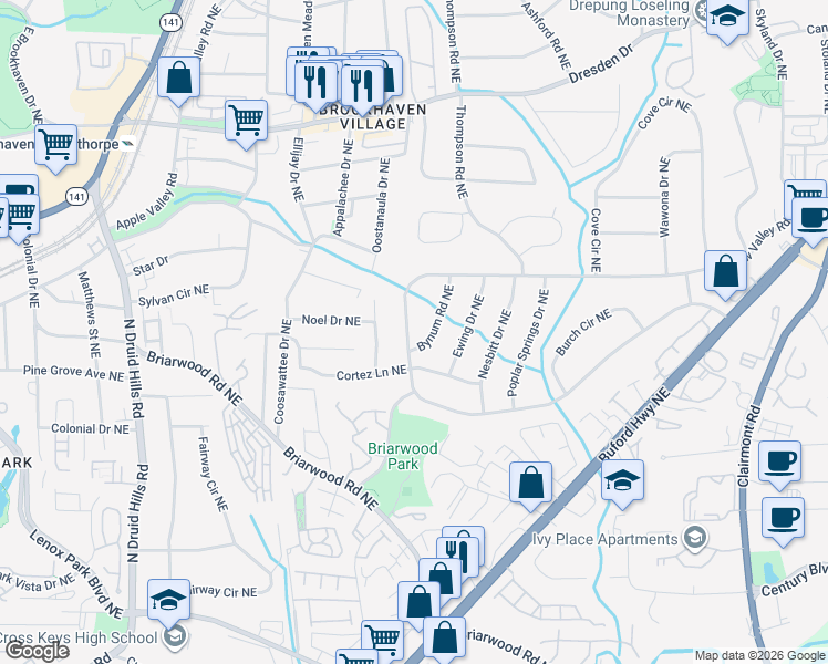map of restaurants, bars, coffee shops, grocery stores, and more near 2336 Drew Valley Road Northeast in Atlanta