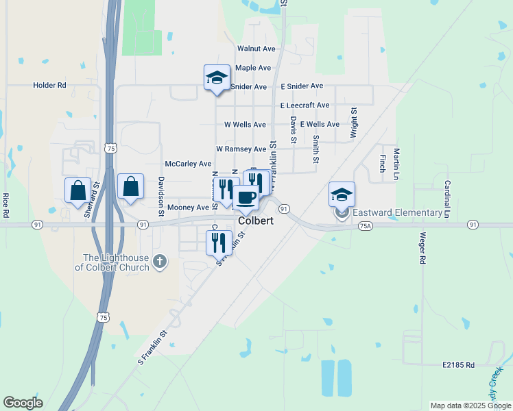 map of restaurants, bars, coffee shops, grocery stores, and more near 120 Burney Street in Colbert