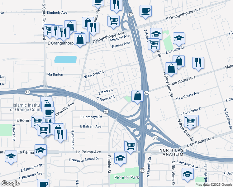 map of restaurants, bars, coffee shops, grocery stores, and more near 2561 East Terrace Street in Anaheim