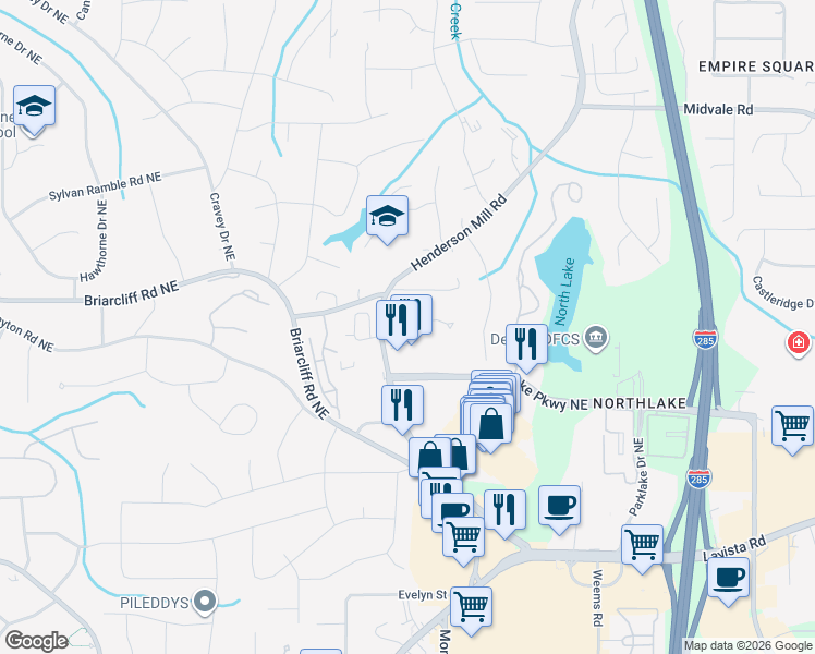 map of restaurants, bars, coffee shops, grocery stores, and more near 2351 Henderson Mill Road in Atlanta