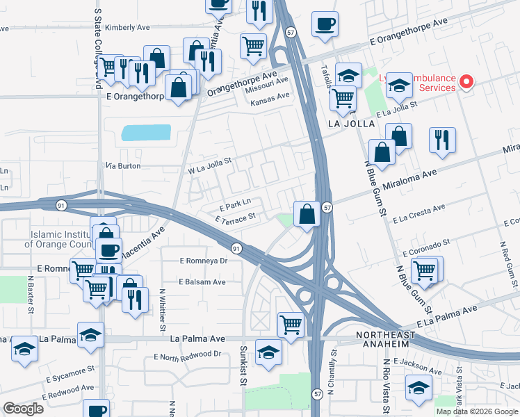 map of restaurants, bars, coffee shops, grocery stores, and more near 2561 East Terrace Street in Anaheim