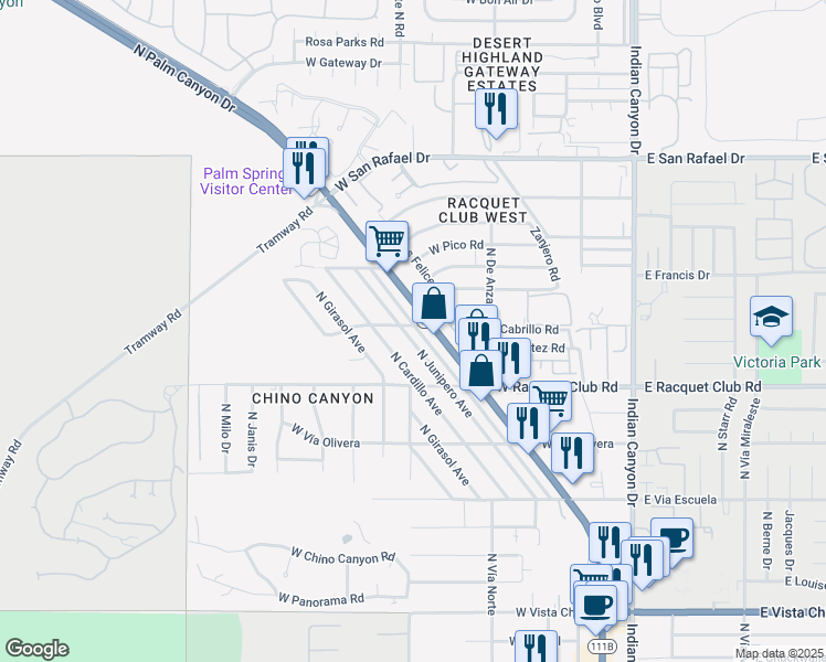 map of restaurants, bars, coffee shops, grocery stores, and more near 2690 North Junipero Avenue in Palm Springs