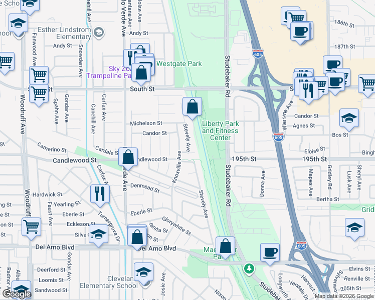 map of restaurants, bars, coffee shops, grocery stores, and more near 6645 Cardale Street in Lakewood