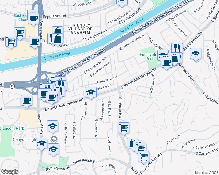 map of restaurants, bars, coffee shops, grocery stores, and more near 6081 East Prado Street in Anaheim