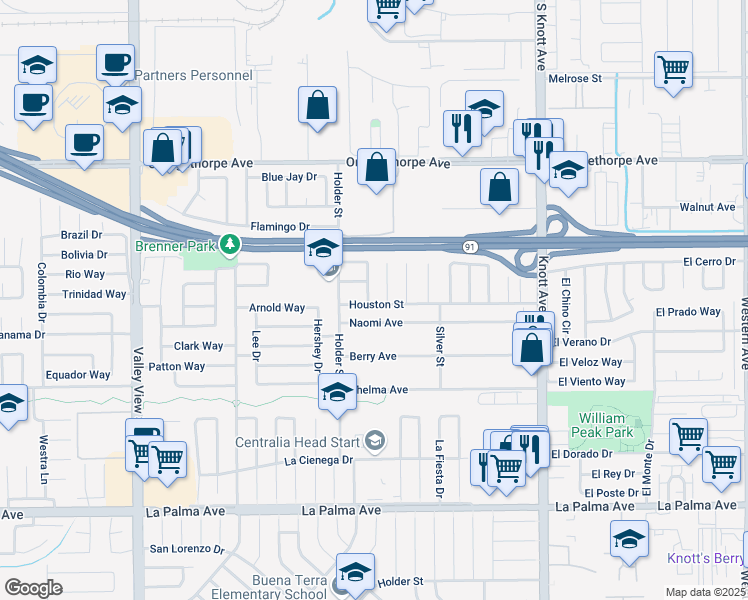 map of restaurants, bars, coffee shops, grocery stores, and more near 6580 Houston Street in Buena Park