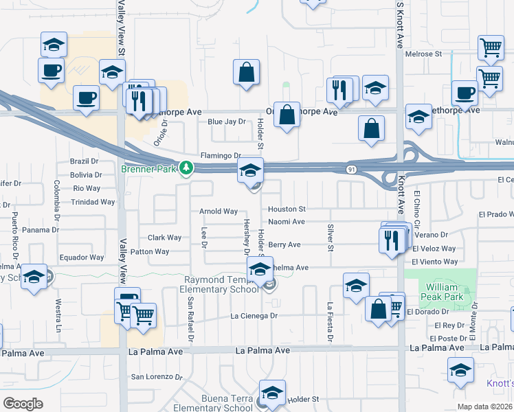 map of restaurants, bars, coffee shops, grocery stores, and more near 7505 Holder Street in Buena Park