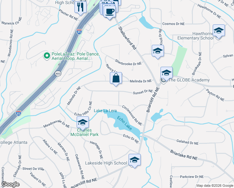 map of restaurants, bars, coffee shops, grocery stores, and more near 2339 Suncrest Lane Northeast in Atlanta