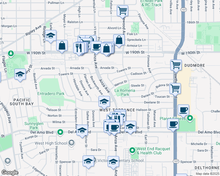 map of restaurants, bars, coffee shops, grocery stores, and more near 19432 Anza Avenue in Torrance