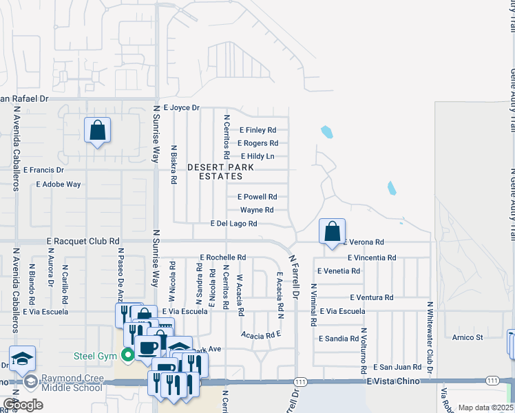 map of restaurants, bars, coffee shops, grocery stores, and more near 2357 Wayne Road in Palm Springs