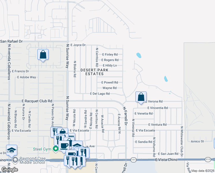 map of restaurants, bars, coffee shops, grocery stores, and more near 2357 Wayne Road in Palm Springs