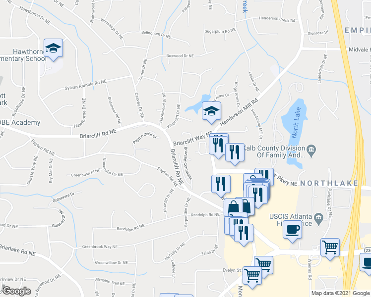 map of restaurants, bars, coffee shops, grocery stores, and more near 2370 Briarcliff Commons in Atlanta