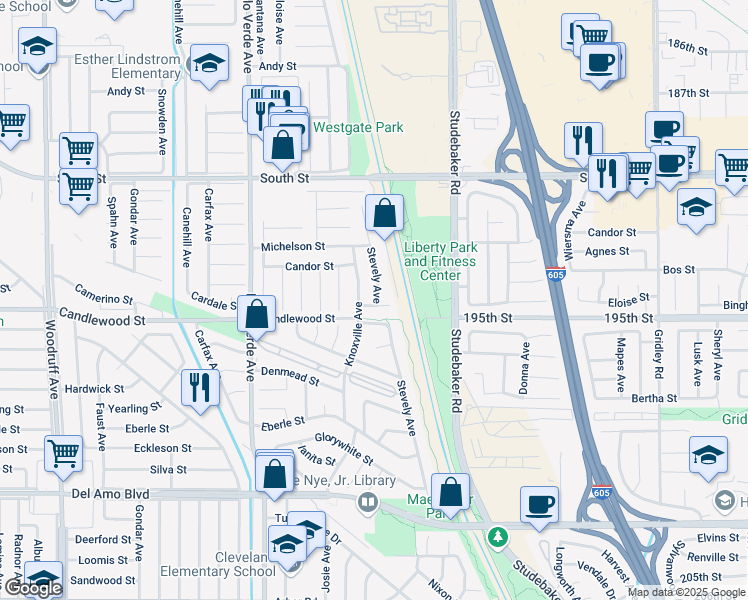 map of restaurants, bars, coffee shops, grocery stores, and more near 6645 Cardale Street in Lakewood