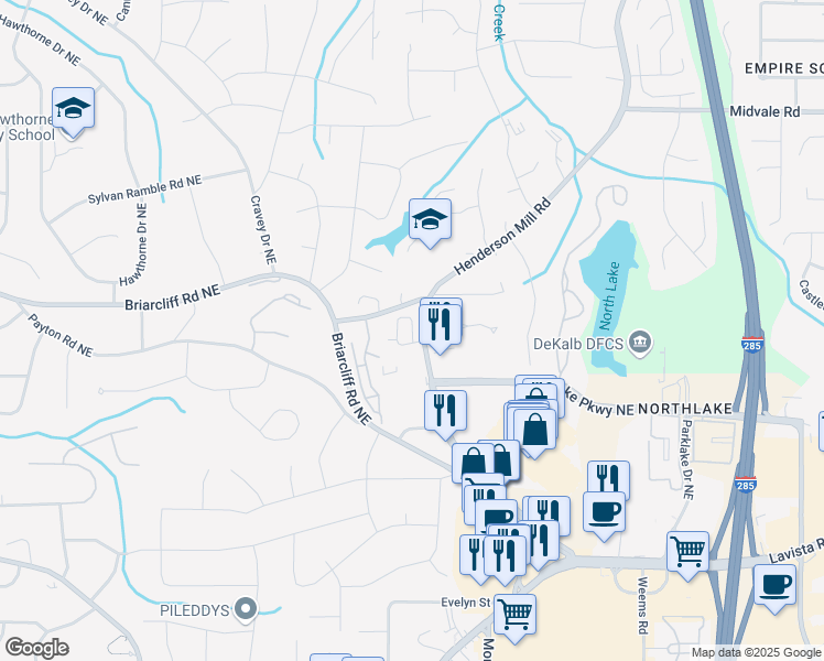 map of restaurants, bars, coffee shops, grocery stores, and more near Mill Ridge Trail in Atlanta