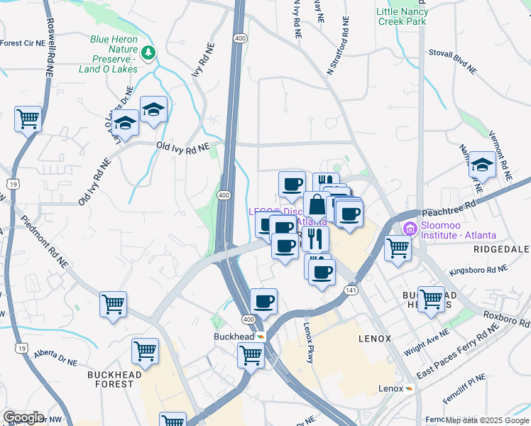 map of restaurants, bars, coffee shops, grocery stores, and more near 3415 Alexander Circle Northeast in Atlanta